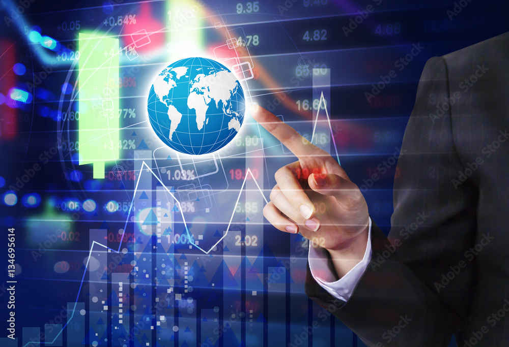 Double exposure of business woman hand touching world with stock market design Double exposure of business woman hand touching world with stock market design