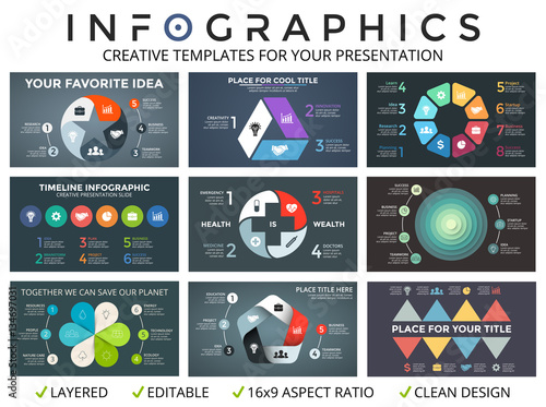 Vector circle arrows infographic set, cycle diagrams, start up graph, presentation pie chart. Business concept with 3, 4, 5, 6, 7, 8 options, parts, steps, processes. 16x9 slide templates.