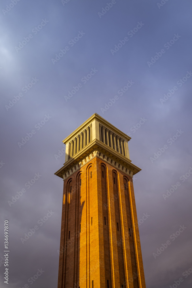 Venecian tower in the entrance of Montjuic in Barcelona