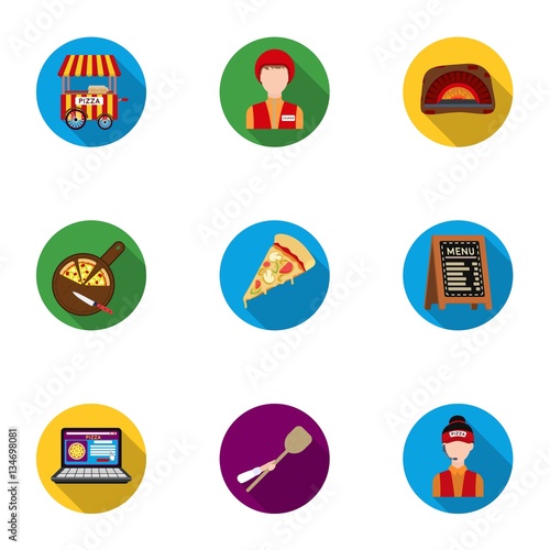 Pizza and pizzeria set icons in flat style. Big collection of pizza and pizzeria vector symbol stock illustration