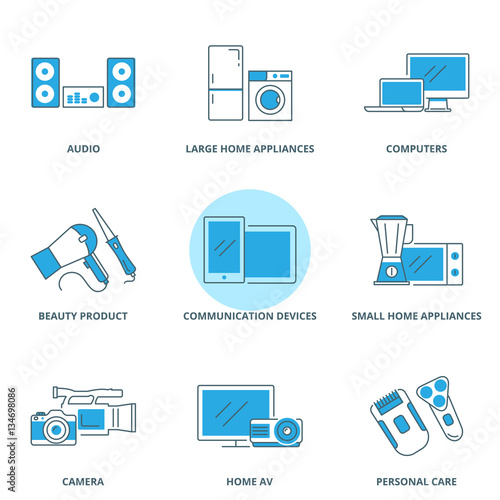 Large and small home appliances, electronic devices vector icons set
