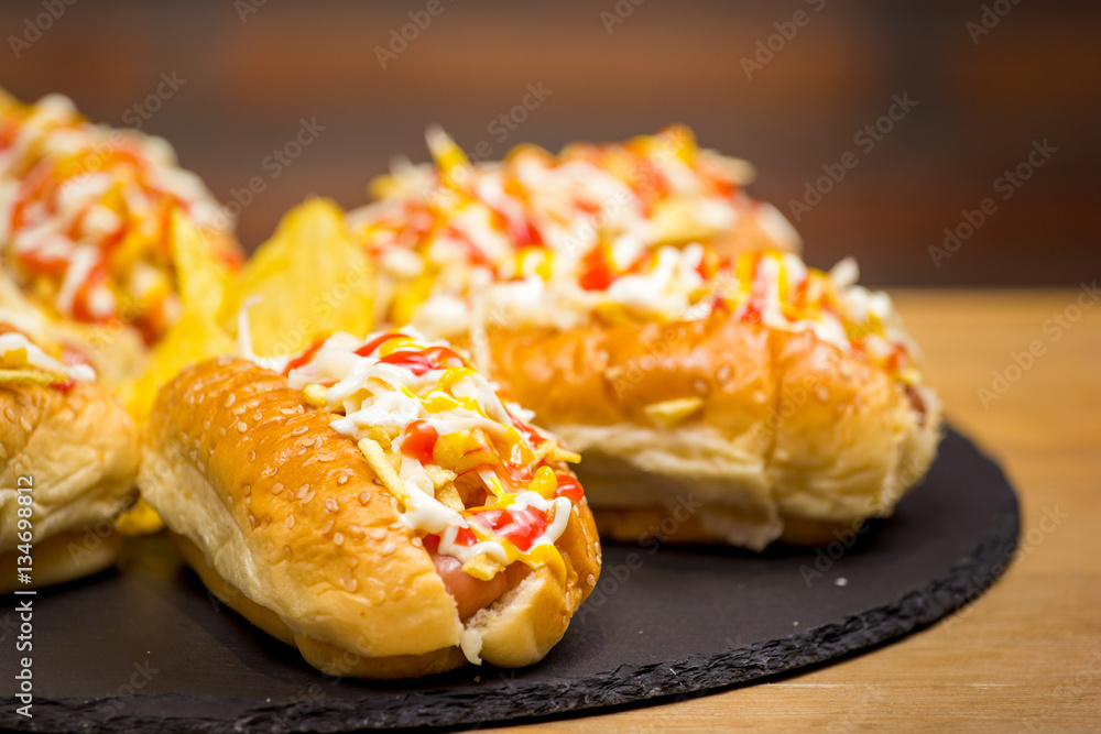 Hot dogs in venezuelan style with potatoes