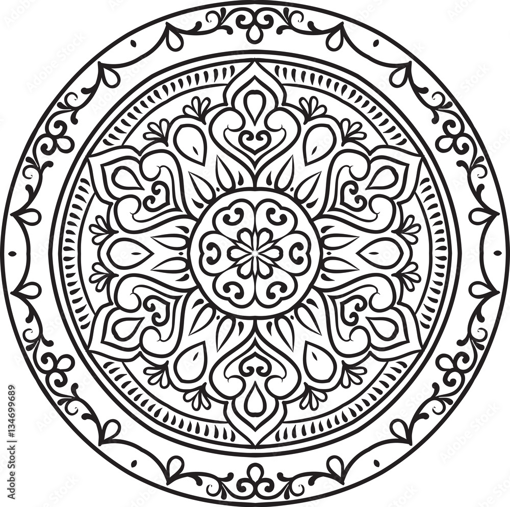 Drawing of a abstract vector with floral round lace mandala, decorative element in ethnic tribal style, black line art on a white background Drawing of a abstract vector with floral round lace mandala, decorative element in ethnic tribal style, black line art on a white background