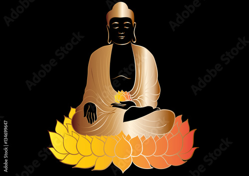 Drawing of a Buddha statue. Art vector illustration of Gautama - gold line art on a black background. Buddhism Religion