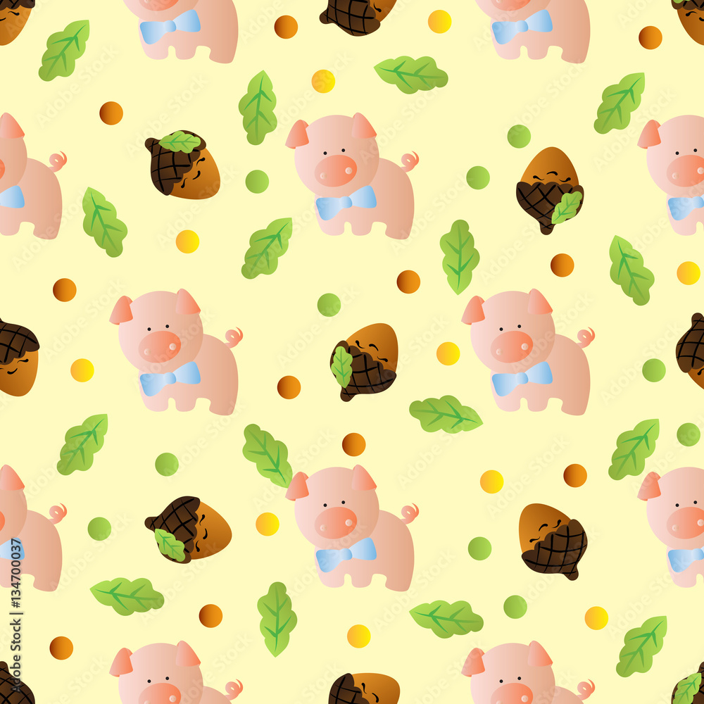 Fototapeta premium seamless pattern with toy baby deer and green leaves on a light yellow background