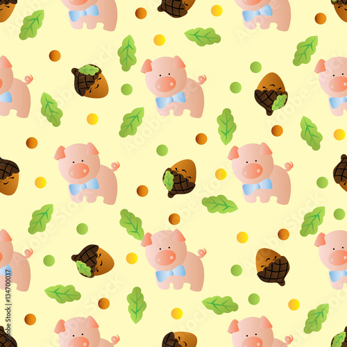 seamless pattern with toy baby deer and green leaves on a light yellow background