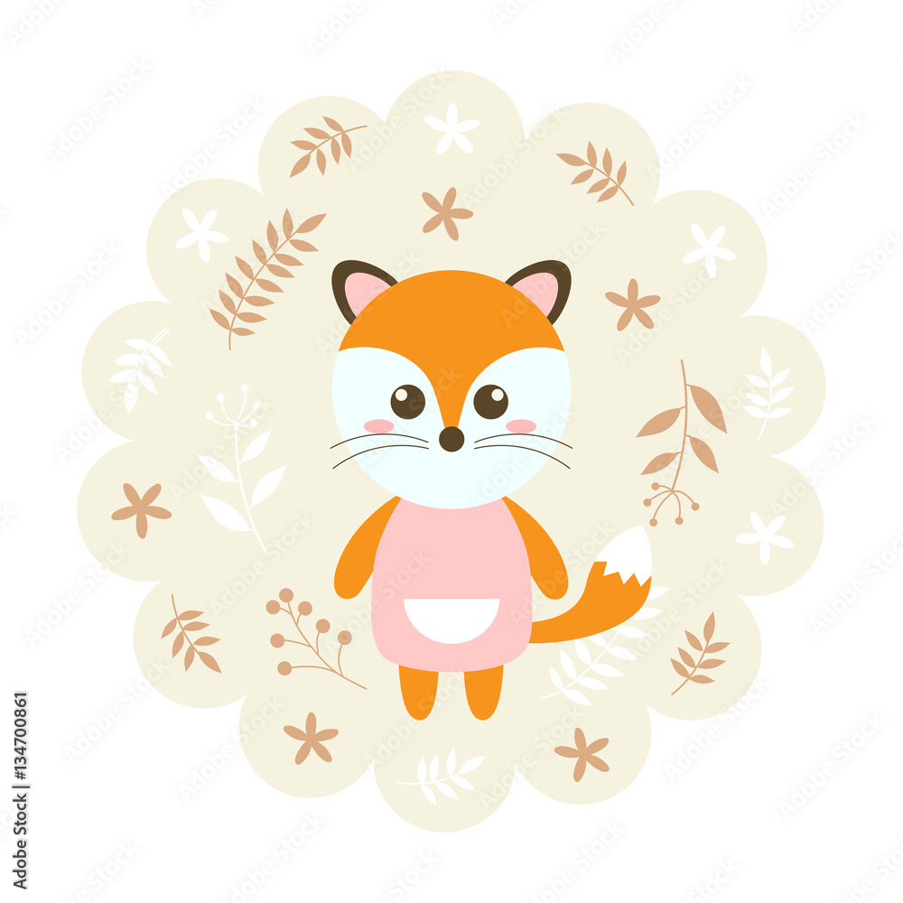 fox. vector illustration cartoon , mascot. funny and lovely design. cute animal on a floral background. little animal in the children's book character style.