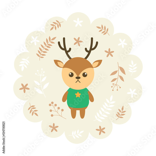 Fototapeta Naklejka Na Ścianę i Meble -  deer , reindeer. vector illustration cartoon , mascot. funny and lovely design. cute animal on a floral background. little animal in the children's book character style.