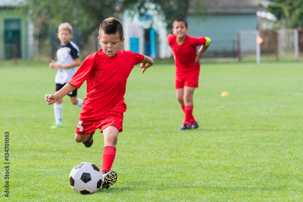 Boy kicking soccer ball