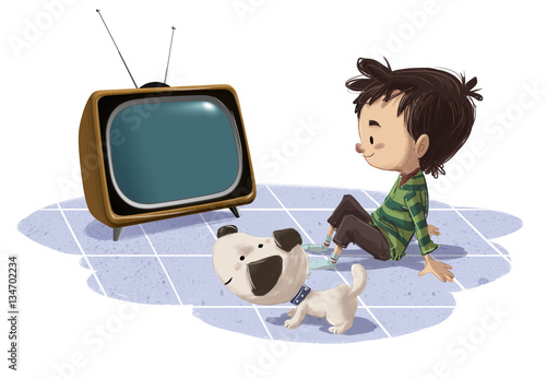 Fototapeta niño viendo la tele con su perro