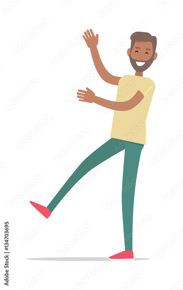 Smiling Man Standing on One Leg Shopping. Vector Smiling Man Standing on One Leg Shopping. Vector