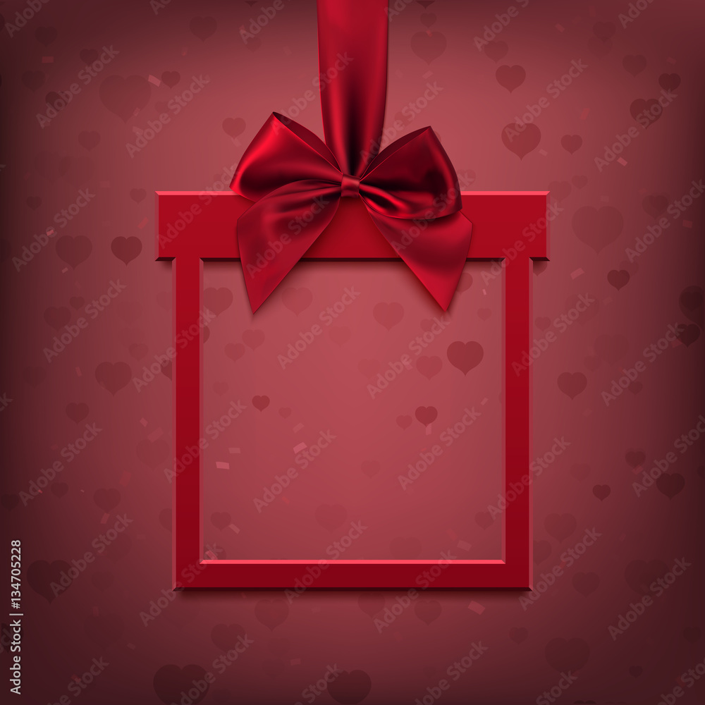 Red, square banner in form of gift with  ribbon and bow.