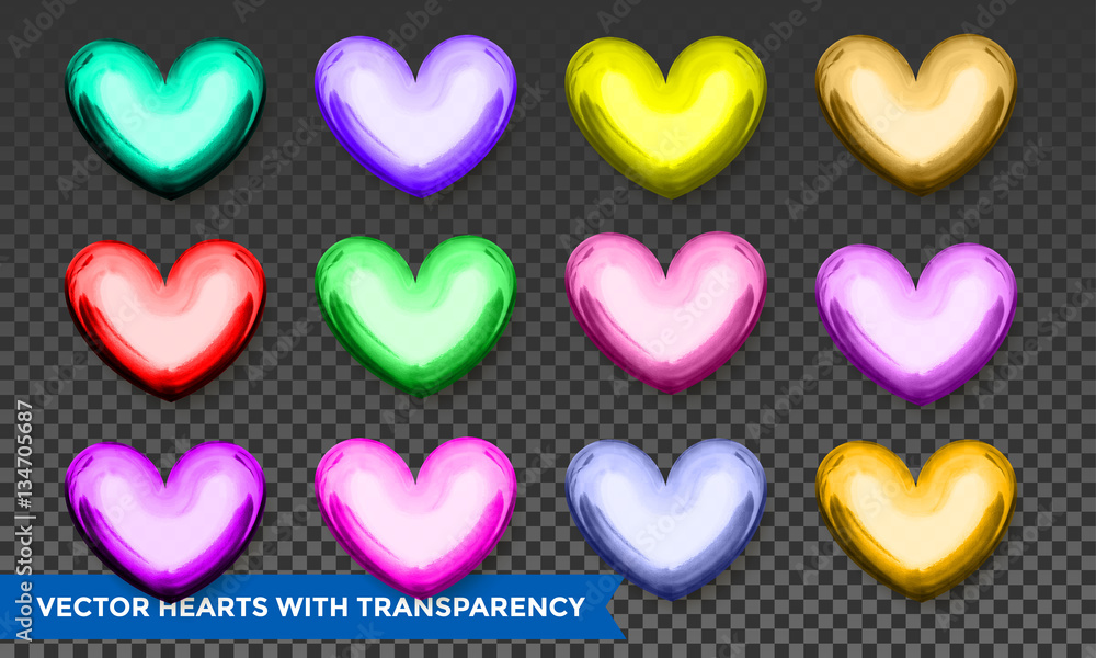 Hearts 3D vector icons on transparent background