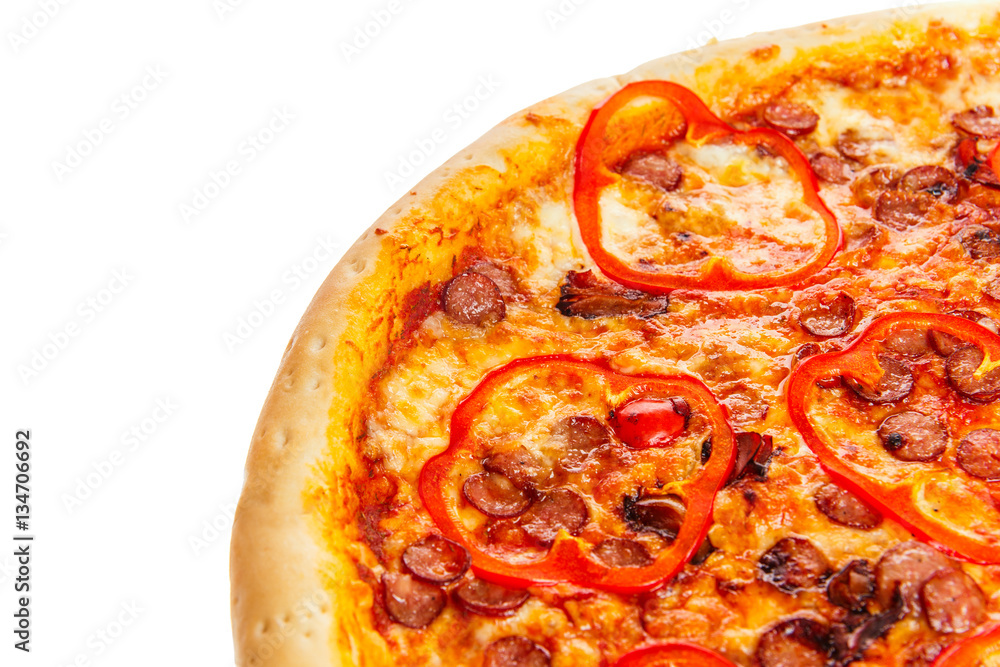 Part of delicious classic italian Pizza with spicy sausages, pepper, garlic and cheese. Part of delicious classic italian Pizza with spicy sausages, pepper, garlic and cheese.