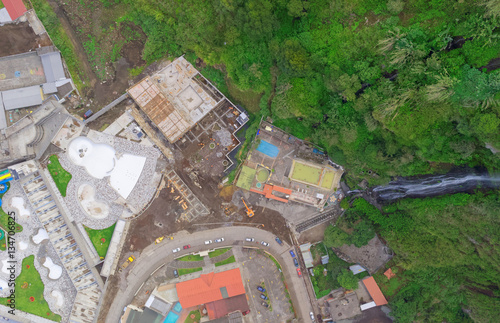Experience the breathtaking beauty of Banos de Agua Santa,a charming town nestled in the Tungurahua Province of Ecuador,South America,through stunning aerial telephoto shots.