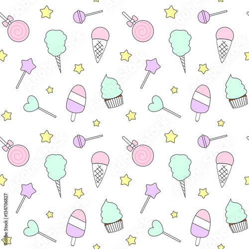 cute cartoon colorful seamless vector pattern with candies, ice cream, lollipop and cotton candy