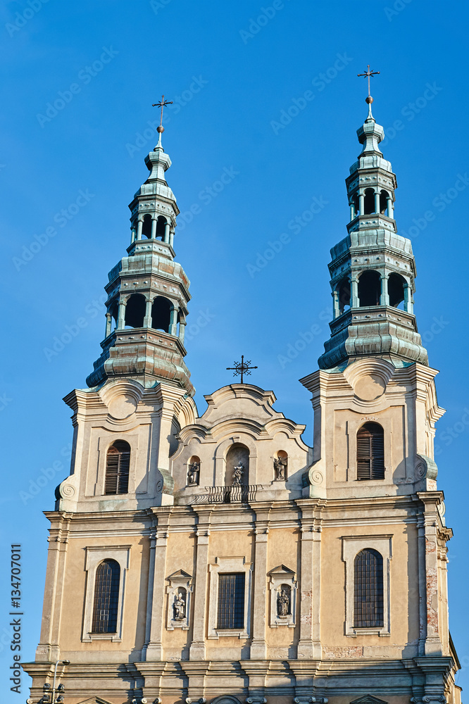 Baroque church with bell towers in Poznan.