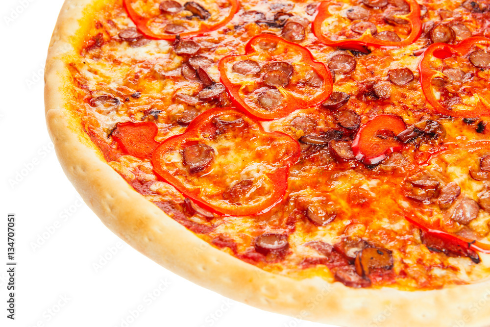 Part of delicious classic italian Pizza with spicy sausages, pepper, garlic and cheese. Part of delicious classic italian Pizza with spicy sausages, pepper, garlic and cheese.