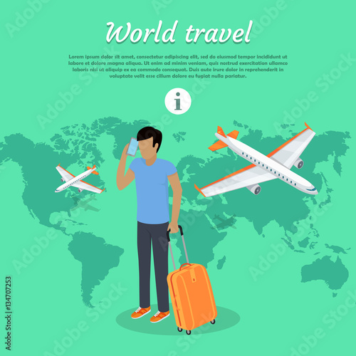 World Travel Concept Web Banner. Man with Baggage