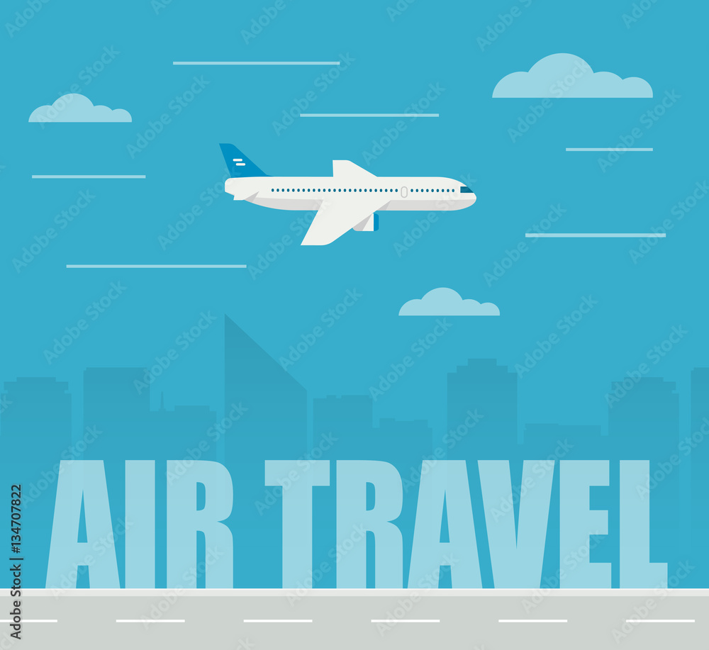 Flat design illustration airplane flying on the skyscrapers background. Air travel.