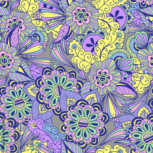 Doodle colorful abstract hand drawn vector background. Wavy zentangle style hand drawn  seamless pattern.  Multicolored flowers and leaves background. 