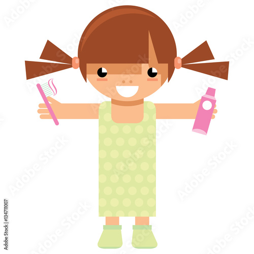 Cartoon girl character holding toothbrush and toothpaste to wash