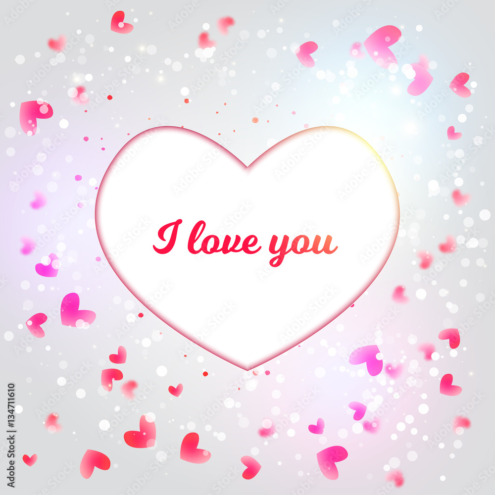 Vector Valentine card with shiny particles and blured background and white heart with I love You for promo, banners.