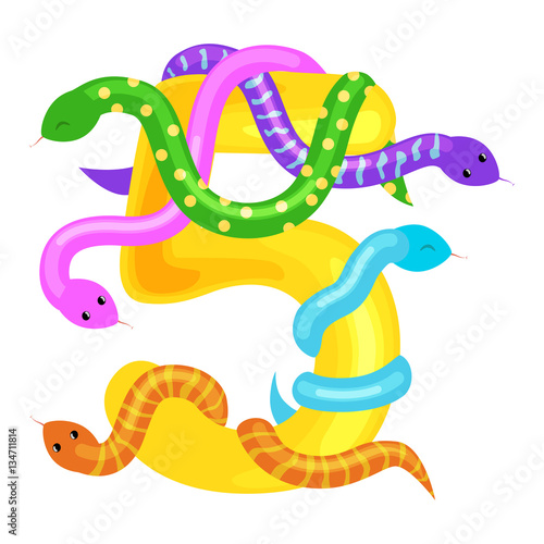 ordinal number five for teaching children counting snake with the ability to calculate amount 5 animals abc alphabet kindergarten books or elementary school posters collection vector illustration