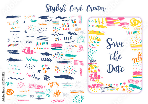 Grunge artistic brush strokes set for creation Creative design cards, save the date, business cards, promos. Stylish art stains