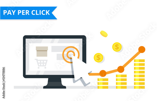 Pay Per Click internet marketing concept - flat vector illustration. PPC advertising and conversion.