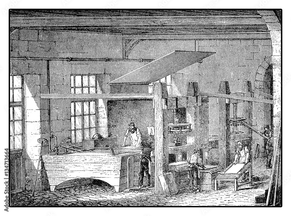 Workers producing handmade paper from rag pulp, XIX century engraving