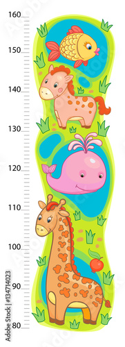 stadiometer wall or height meter from 80 to 160 centimeter with giraffe and whale, horse, fish, sea, lake
