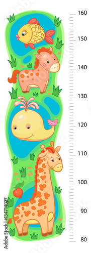 stadiometer wall or height meter from 80 to 160 centimeter with giraffe and whale, horse, fish, sea, lake