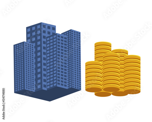 Flat vector image of city buildings with coins