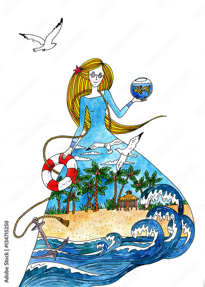 девушка в платье с изображением моря