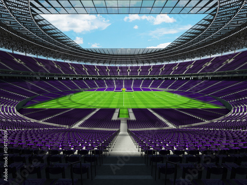 3D render of a round football - soccer stadium with purple seats
