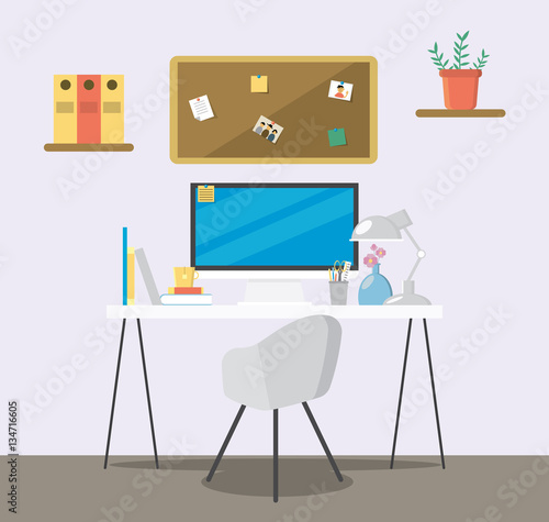 Creative flat workspace. Home room with workspace.