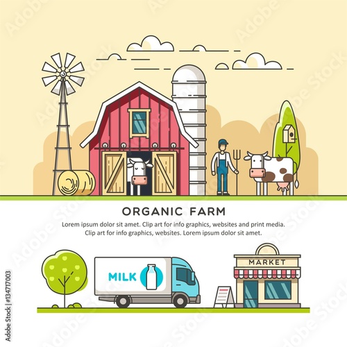 Organic farm. Milk production. Delivery dairy product. Vector illustration in linear graph.