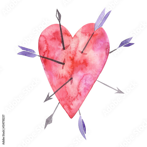 Heart with a lot of arrows, love sign, valentines symbol, watercolor with clipping mask technique photo