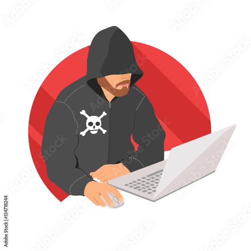 Hacker on laptop icon, flat design web criminal sign, vector illustration