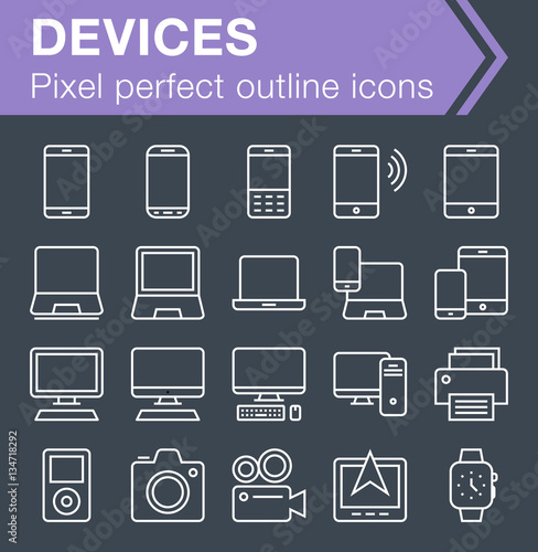 Pixel perfect outline devices icons for mobile apps and web design.