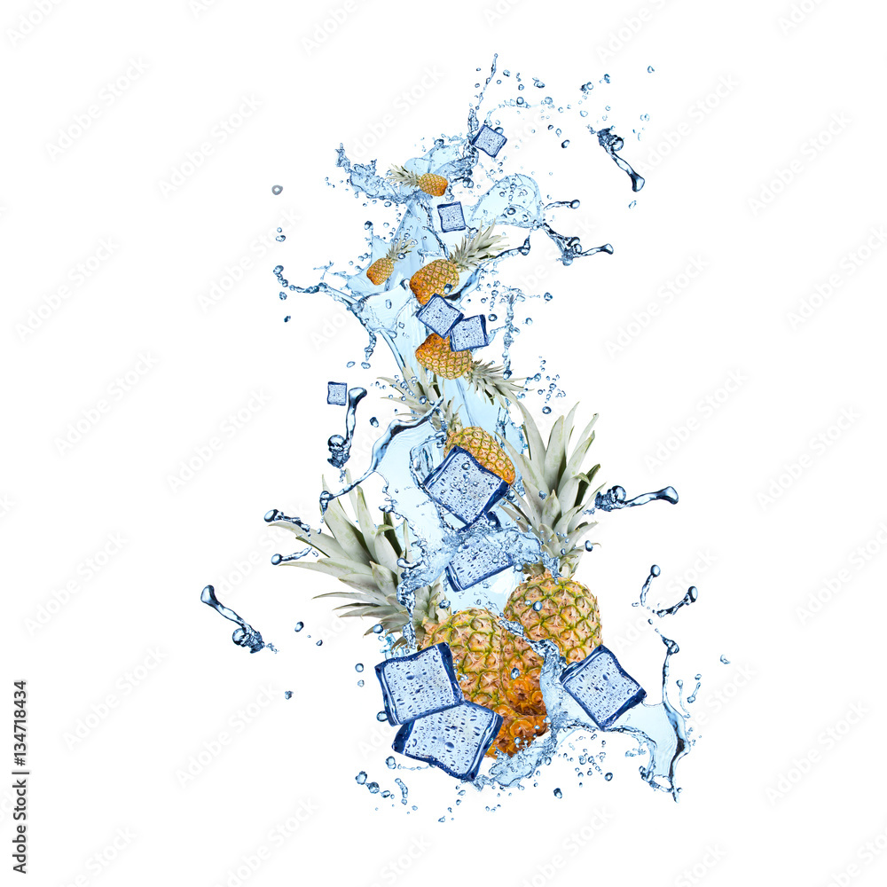 Obraz premium Water splash with pineapple isolated on white background. Splash motion with fruits. Abstract object 