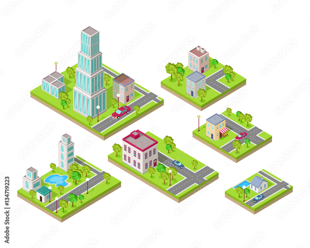 Isometric City Buildings Vector Set. Isometry