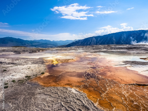 Amazing Nature of Mammoth Hot Springs in Yellowstone National Park, USA. Geothermal area with travertine terraces.