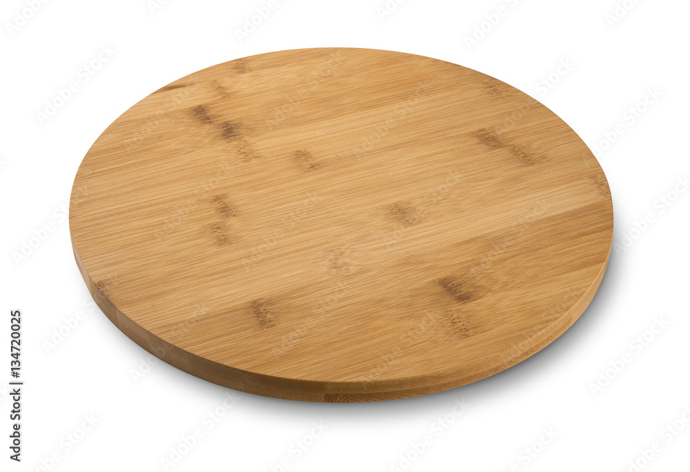 Round wooden cutting board, rustic dish, isolated on white background Round wooden cutting board, rustic dish, isolated on white background