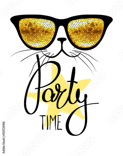 Party time, fanny cat / Vector illustration, print, background with funny cat in glasses