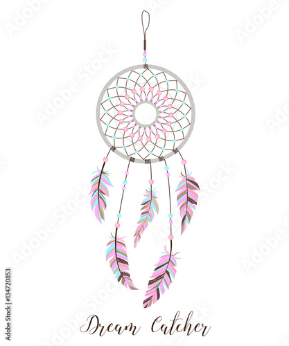 American Indians amulet. Dream catcher with feathers and beads on a white background. Boho style.