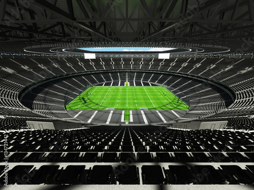 3D render of a round rugby stadium with black seats and VIP boxes