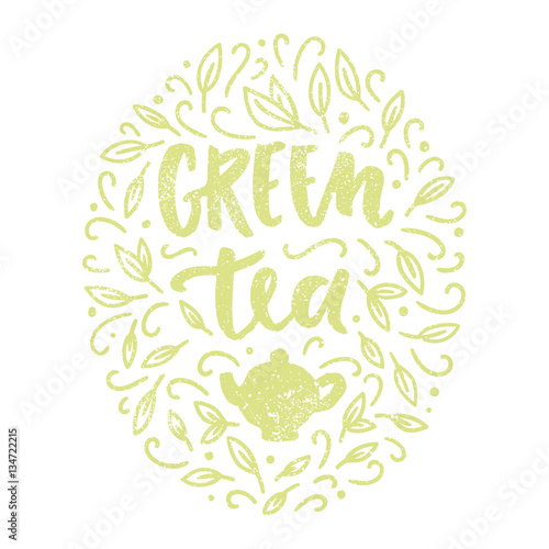 Green tea. Lettering and leaves doodles. Vector hand drawn illustration.