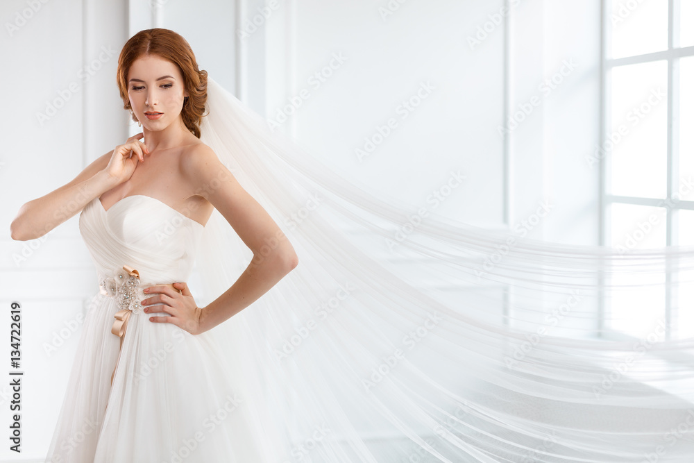 Bride in white wedding dress with long veil Bride in white wedding dress with long veil